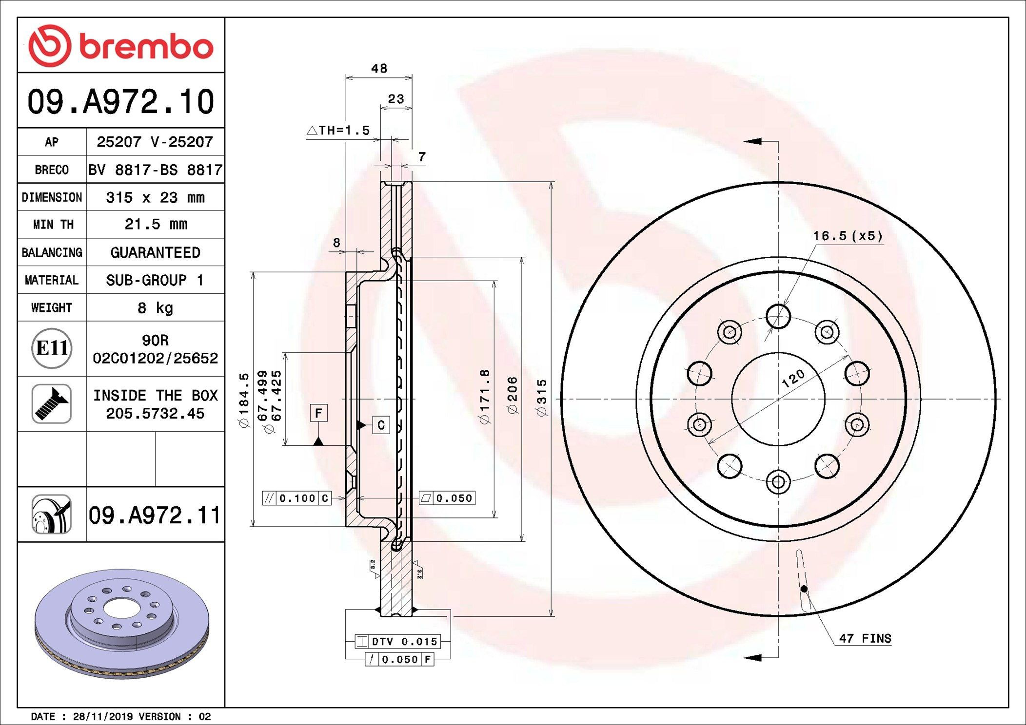 Disco do freio traseiro 09A97211 Brembo