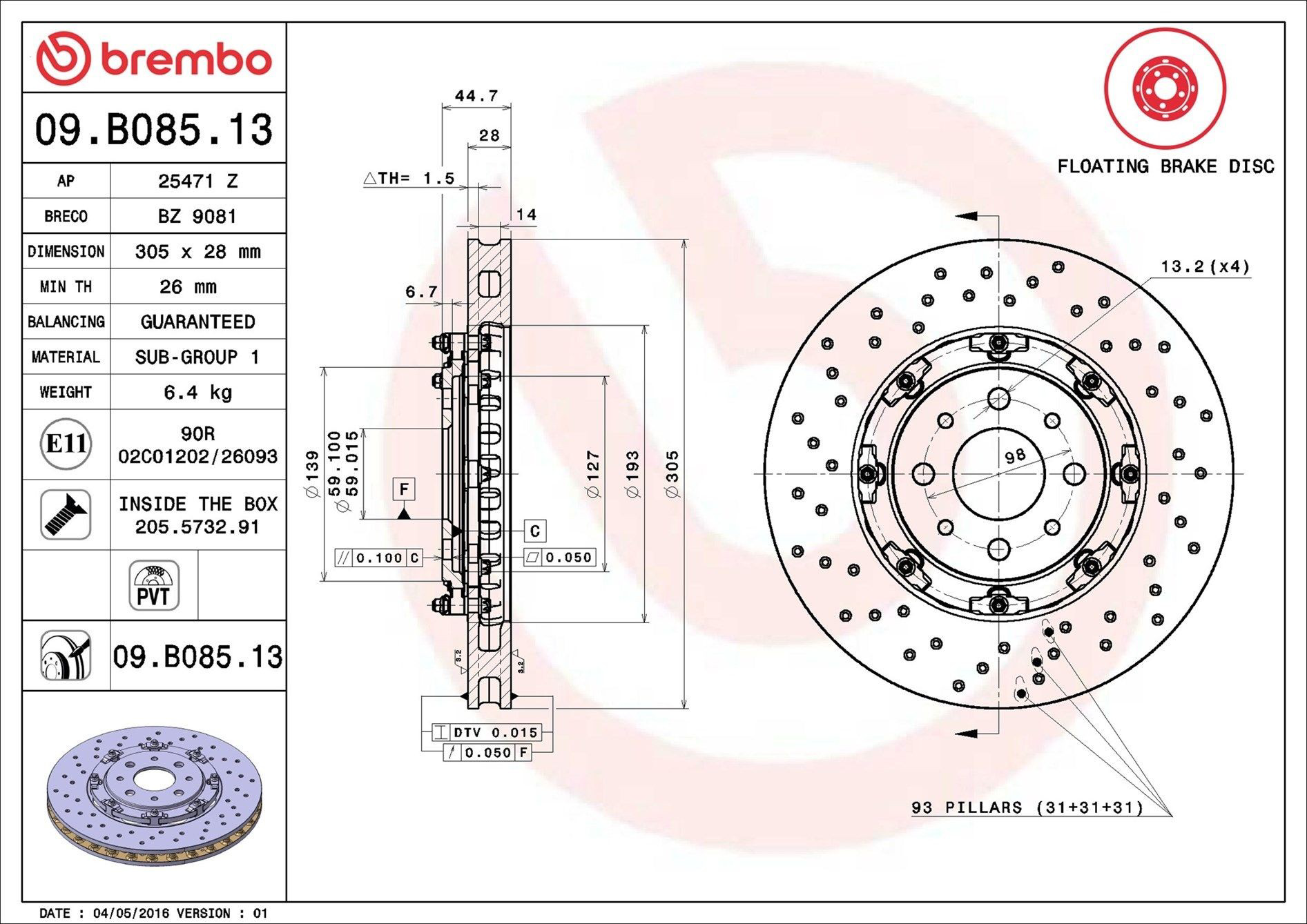 Disco do freio dianteiro 09B08513 Brembo
