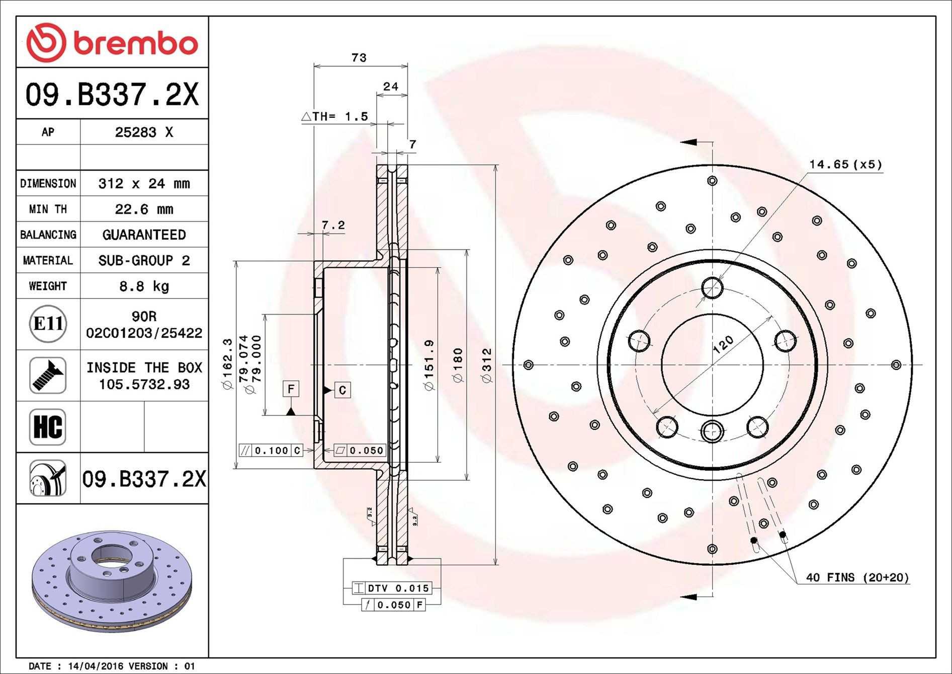 Disco do freio dianteiro Brembo 09B3372X preço, a partir de 67,15 USD