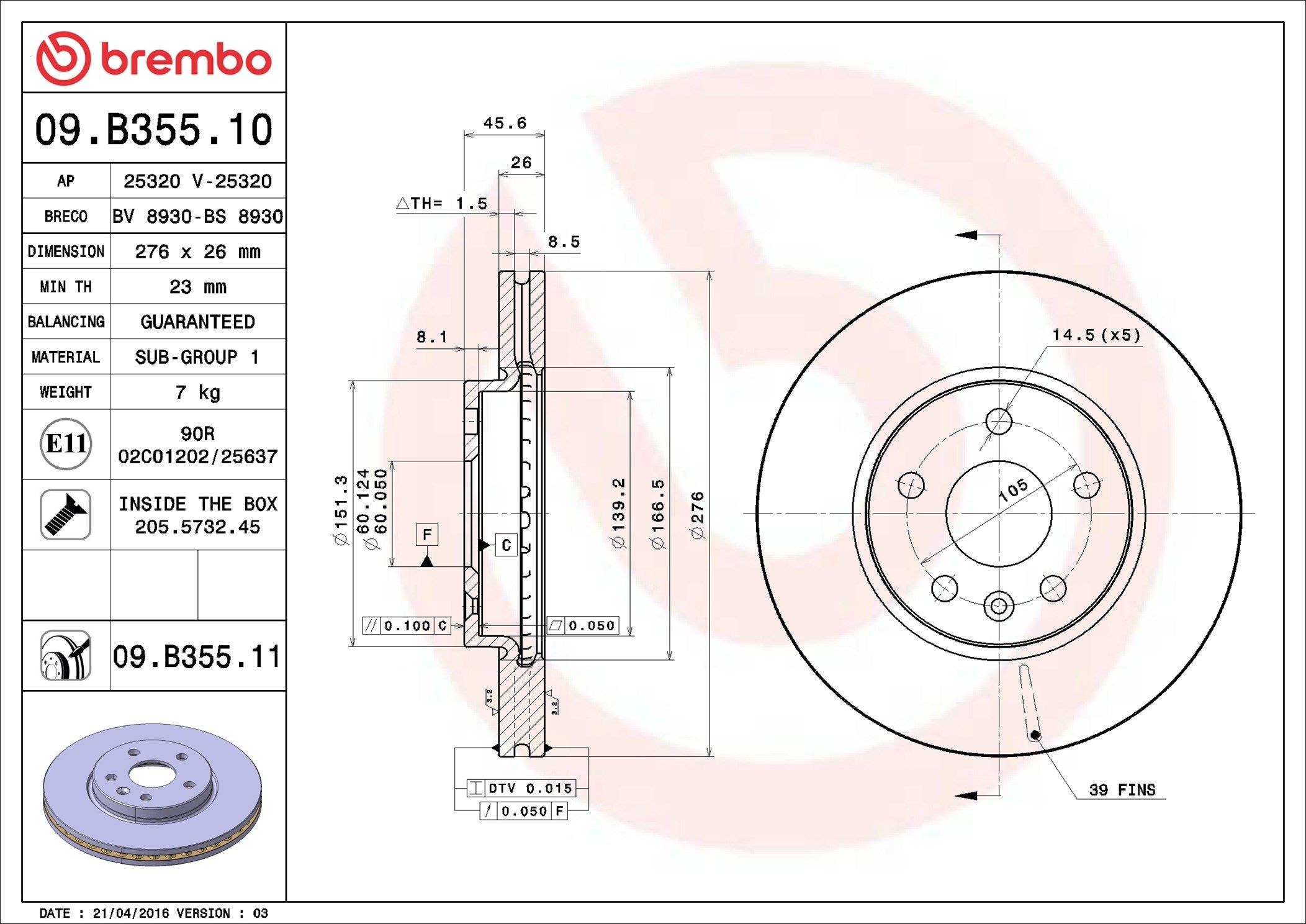 Disco do freio dianteiro Brembo 09B35511