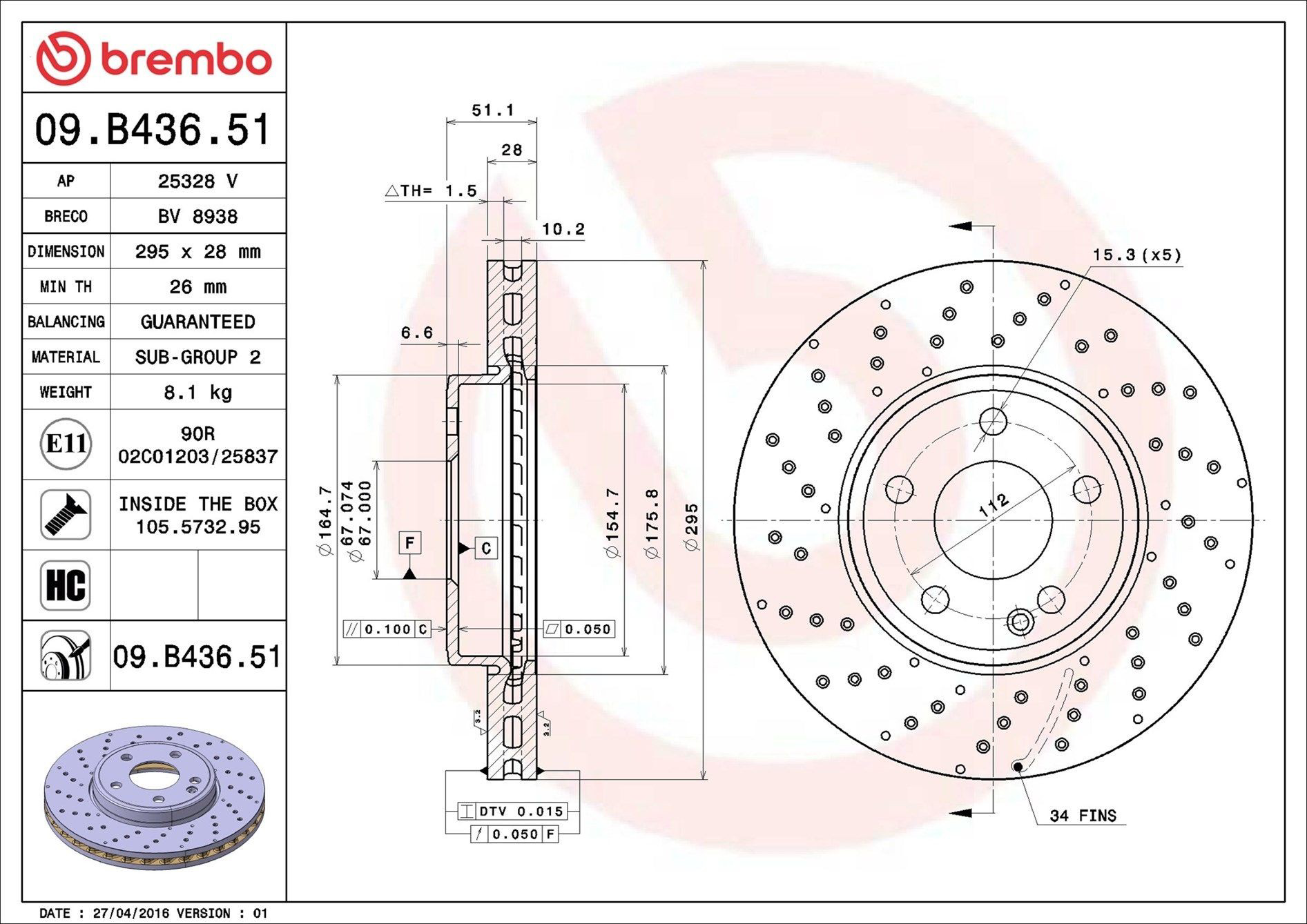 Disco do freio dianteiro Brembo 09B43651 preço, a partir de 52,95 USD