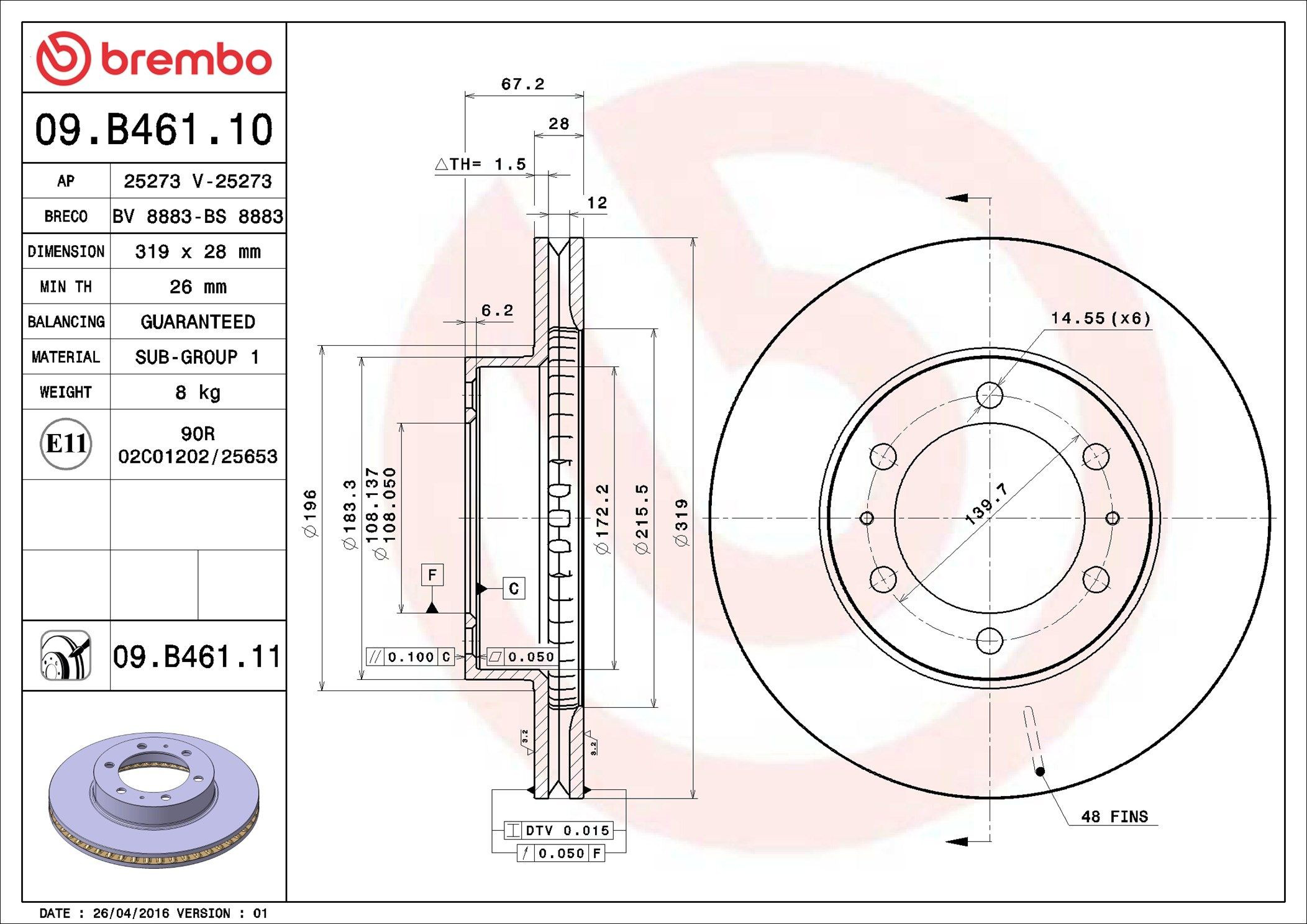 Disco do freio dianteiro Brembo 09B46111 preço, a partir de 72,32 USD