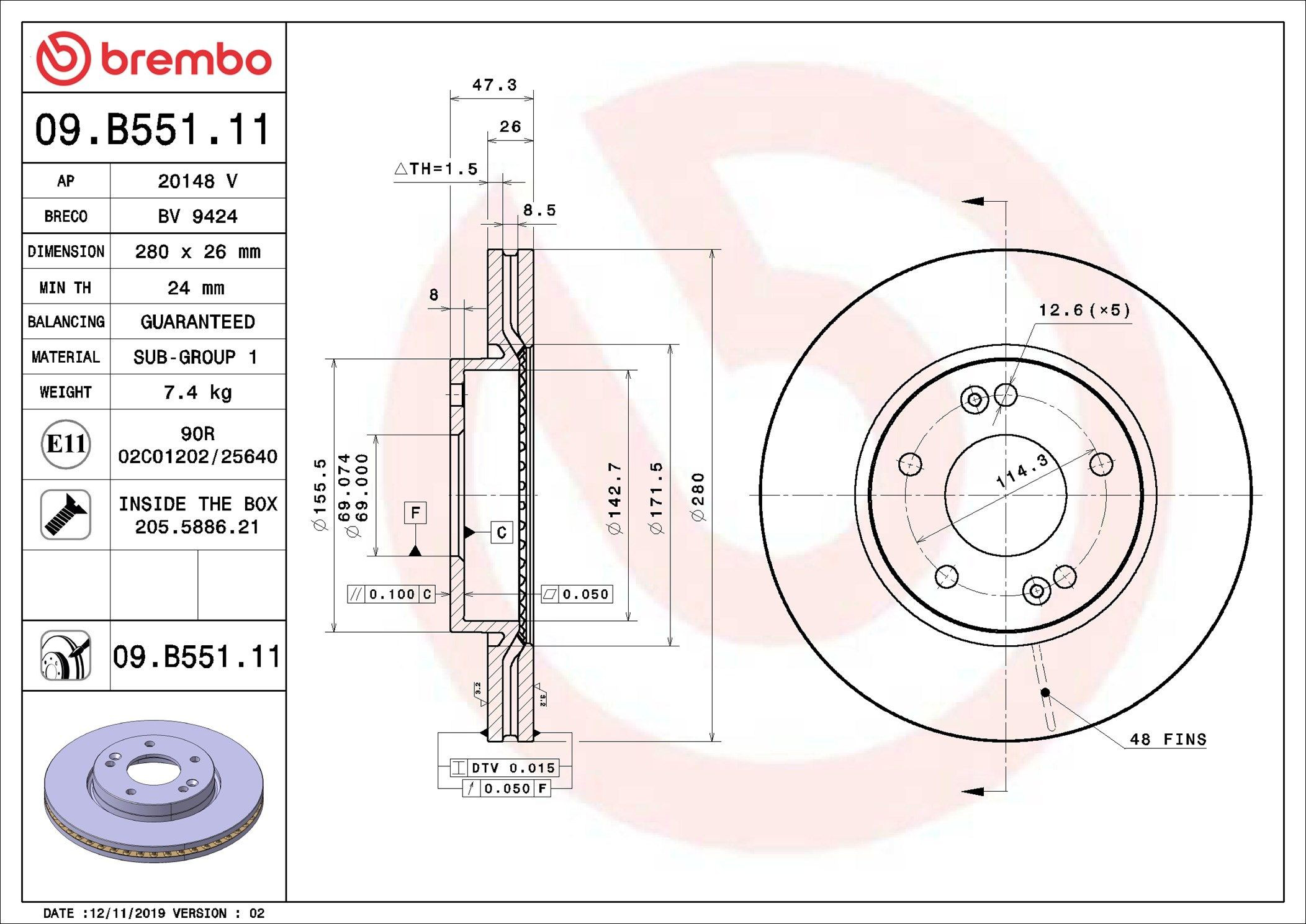 Disco do freio dianteiro Brembo 09B55111 preço, a partir de 60,39 USD