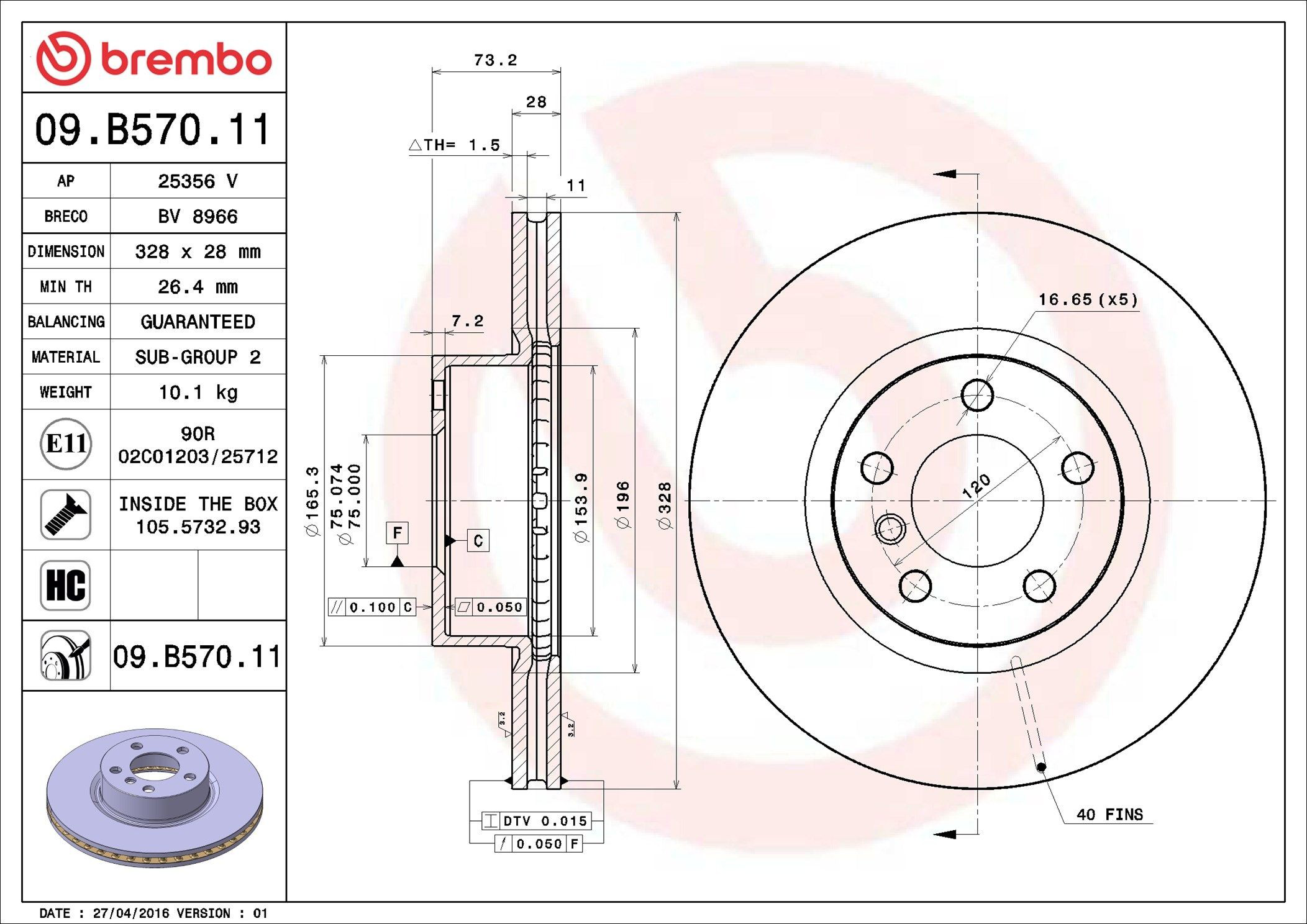 Disco do freio dianteiro Brembo 09B57011 preço, a partir de 79,97 USD