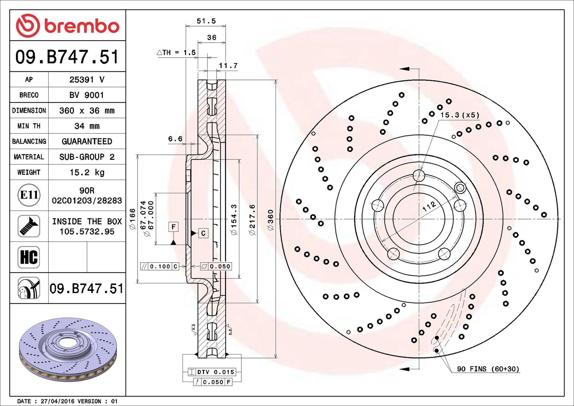 Disco do freio dianteiro 09B74751 Brembo