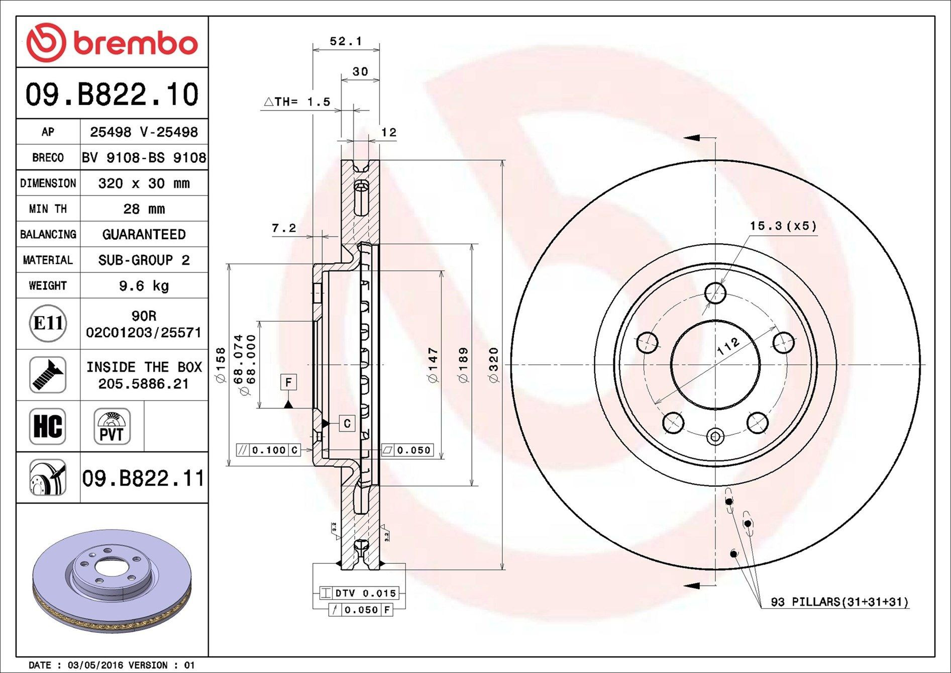 Disco do freio dianteiro Brembo 09B82211 preço, a partir de 85,28 USD