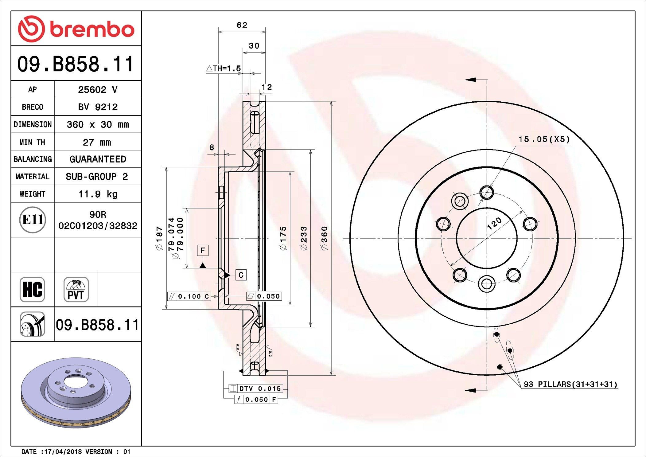 Disco do freio dianteiro Brembo 09B85811 preço, a partir de 98,36 USD