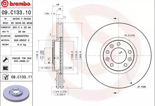 Disco do freio dianteiro 09C13311 Brembo