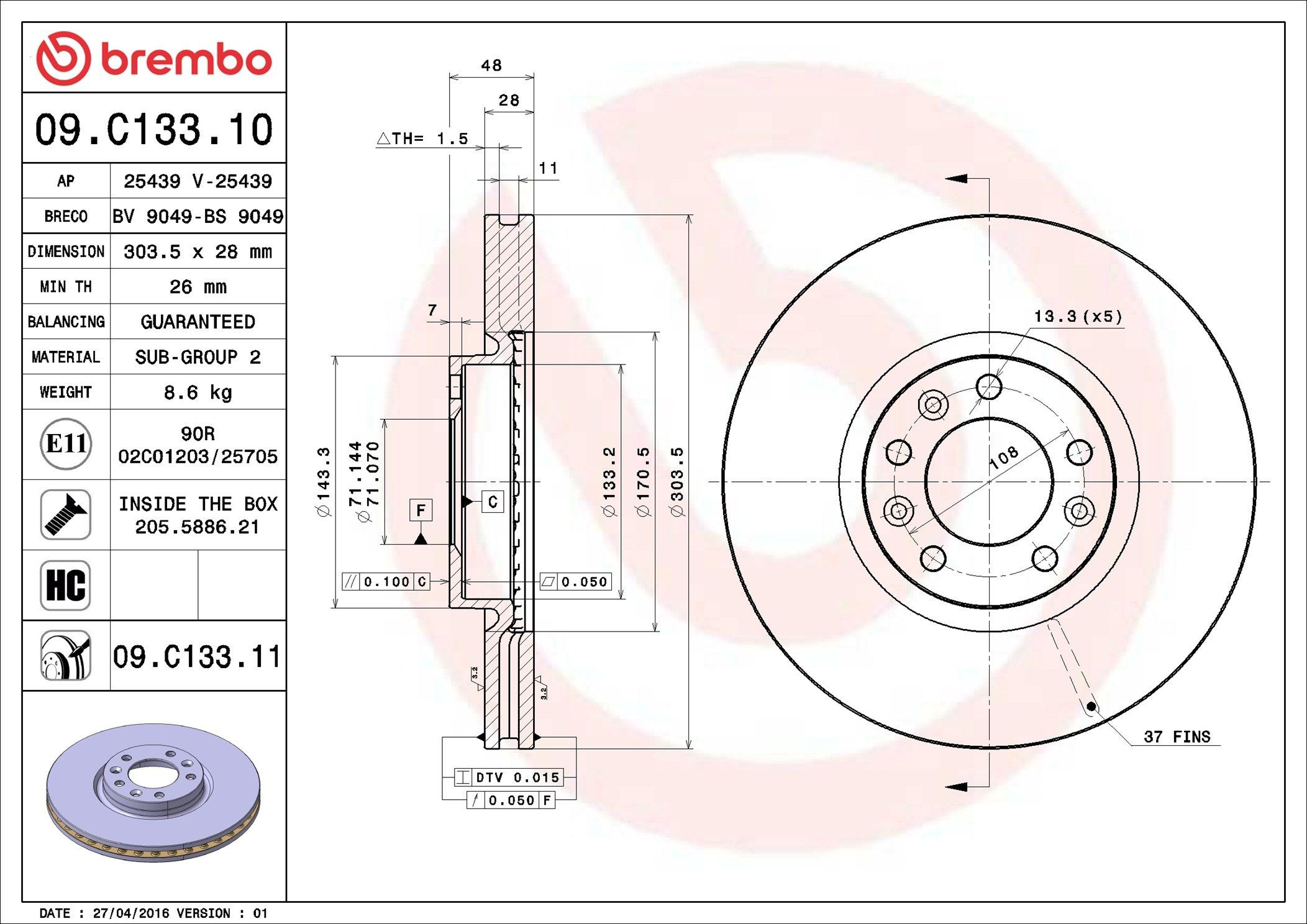 Disco do freio dianteiro 09C13311 Brembo