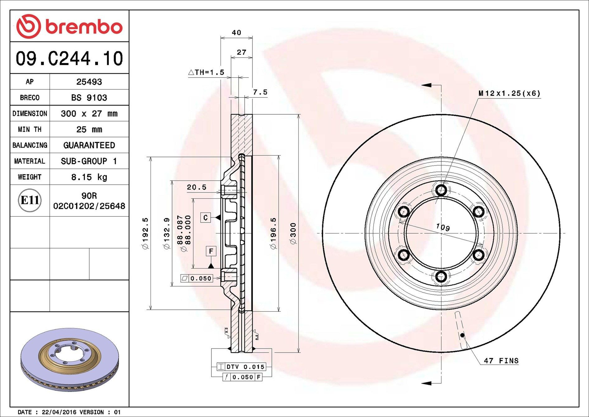 Disco do freio dianteiro 09C24410 Brembo