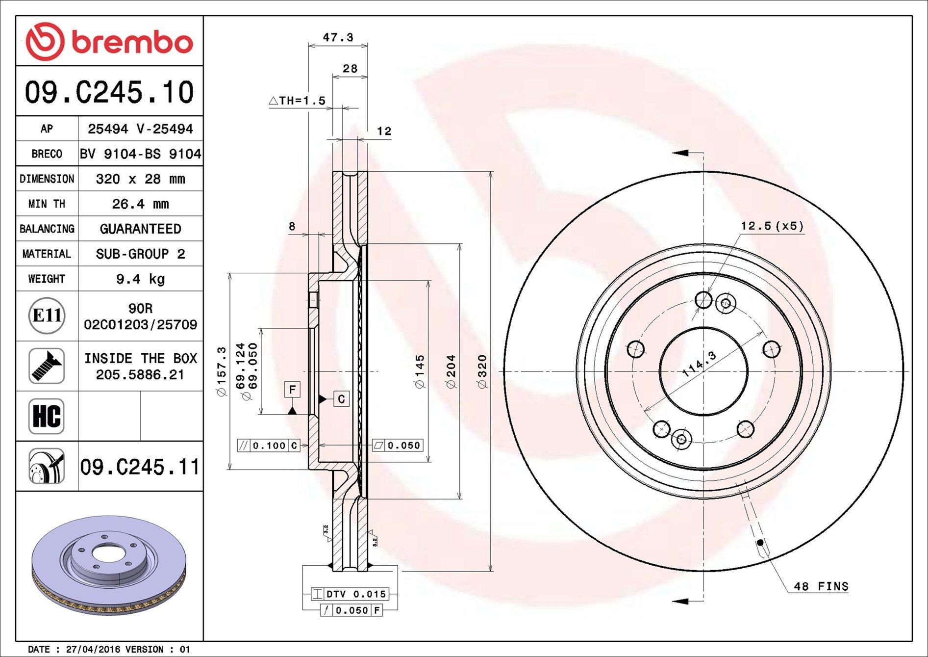 Disco do freio dianteiro Brembo 09C24511 preço, a partir de 53,28 USD