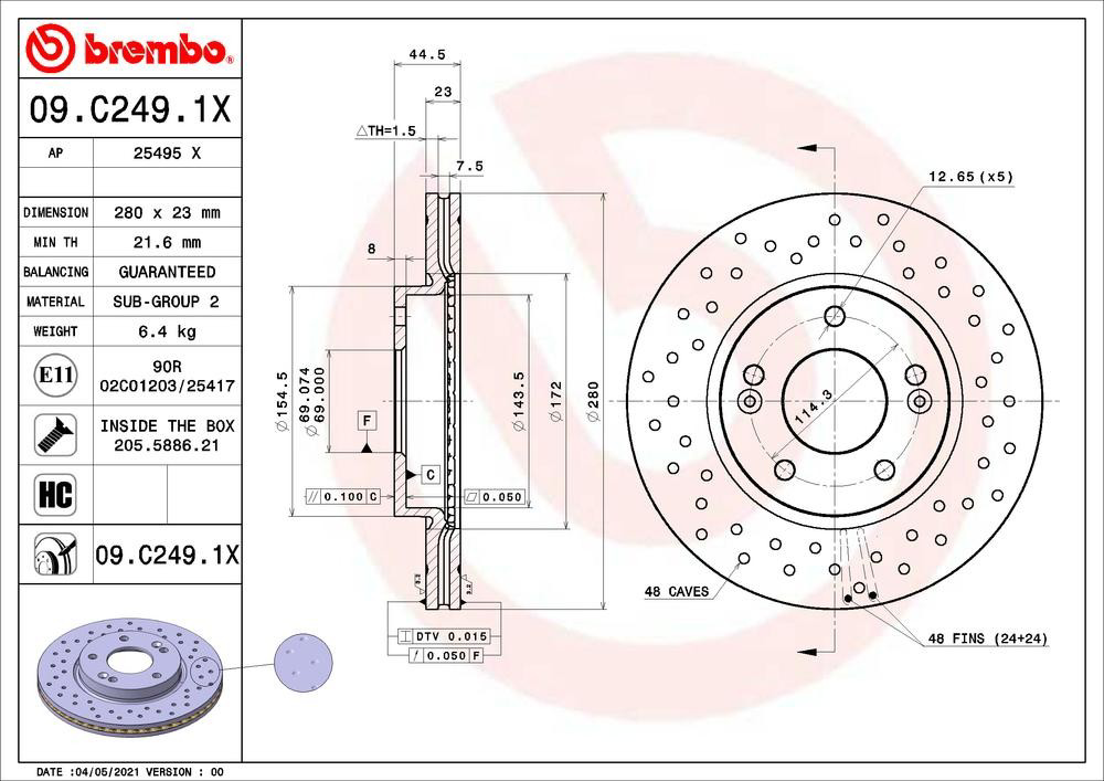 Disco do freio dianteiro 09C2491X Brembo