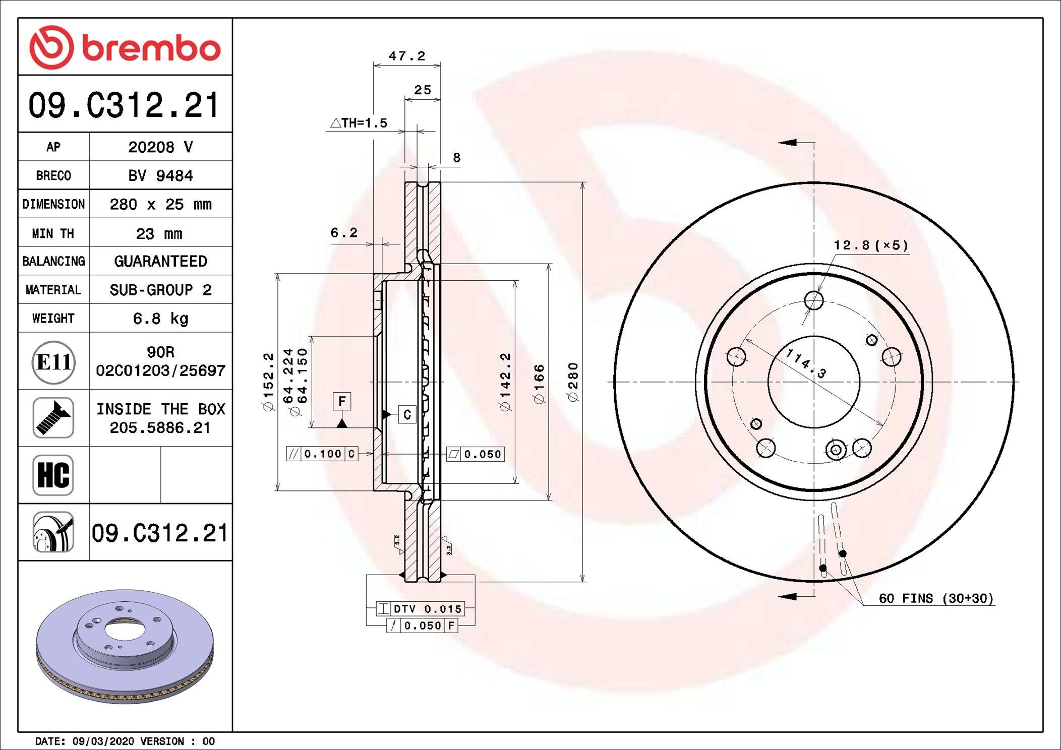 Disco do freio dianteiro Brembo 09C31221 preço, a partir de 62,07 USD