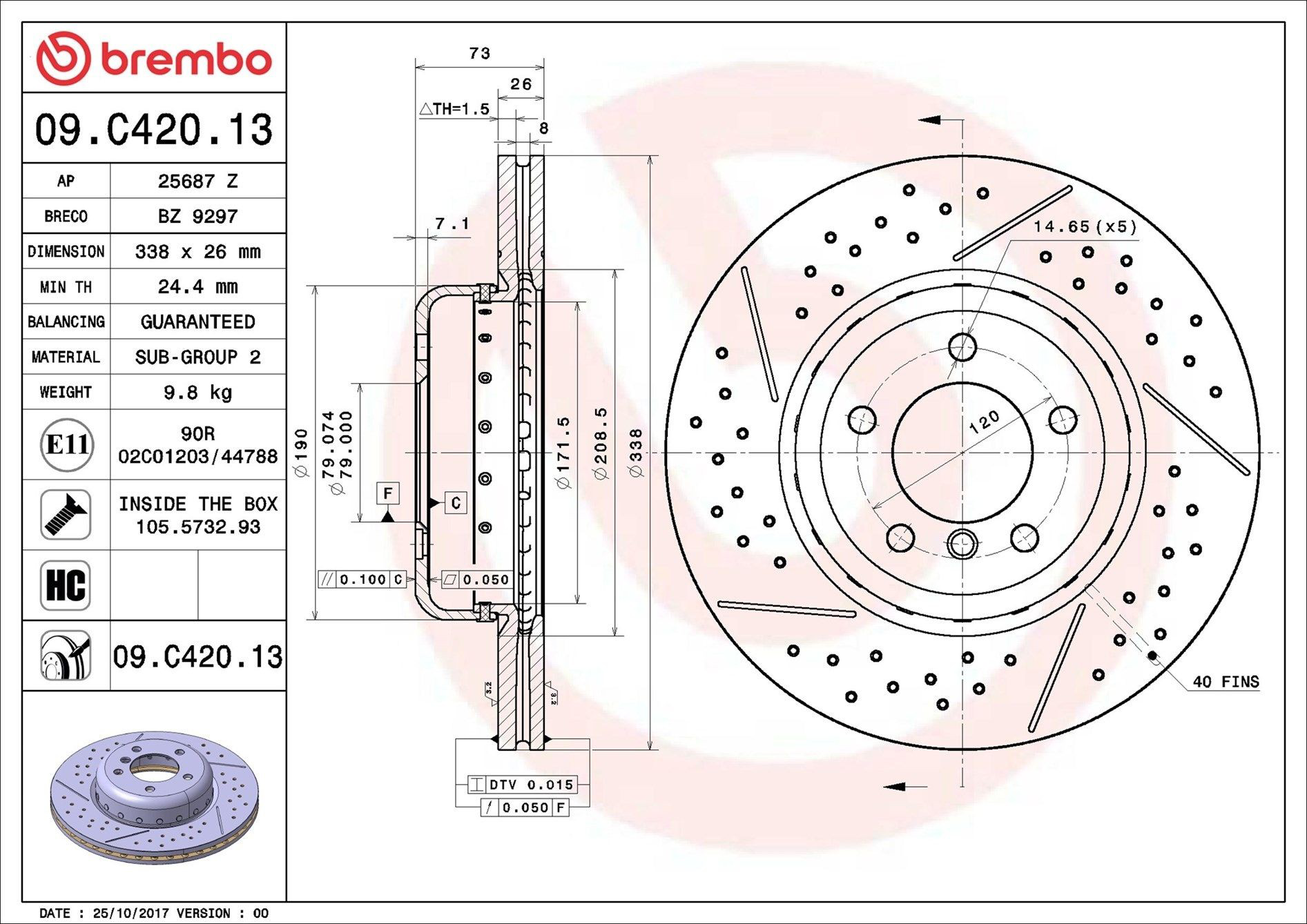 Disco do freio dianteiro 09C42013 Brembo