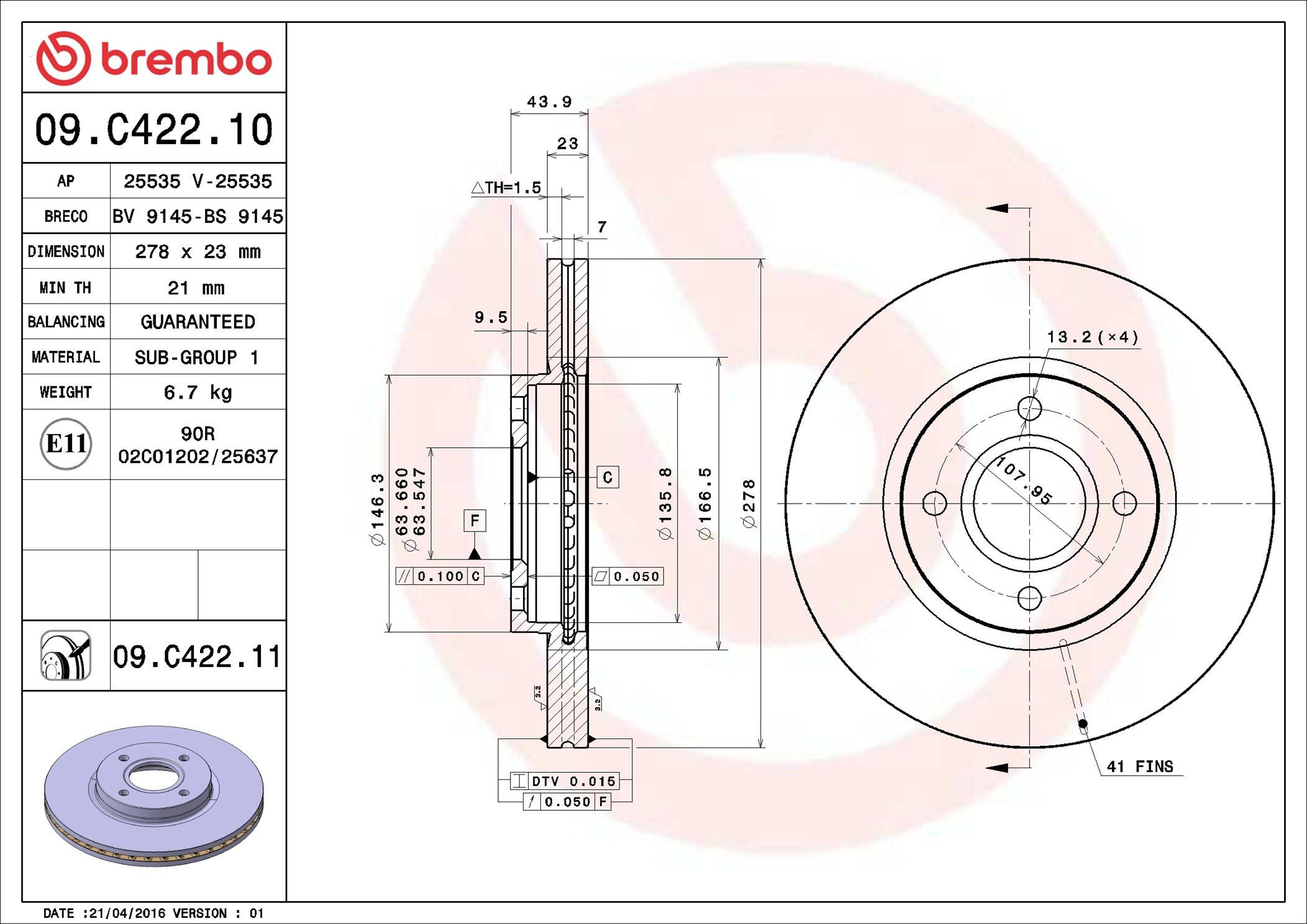 Disco do freio dianteiro 09C42211 Brembo