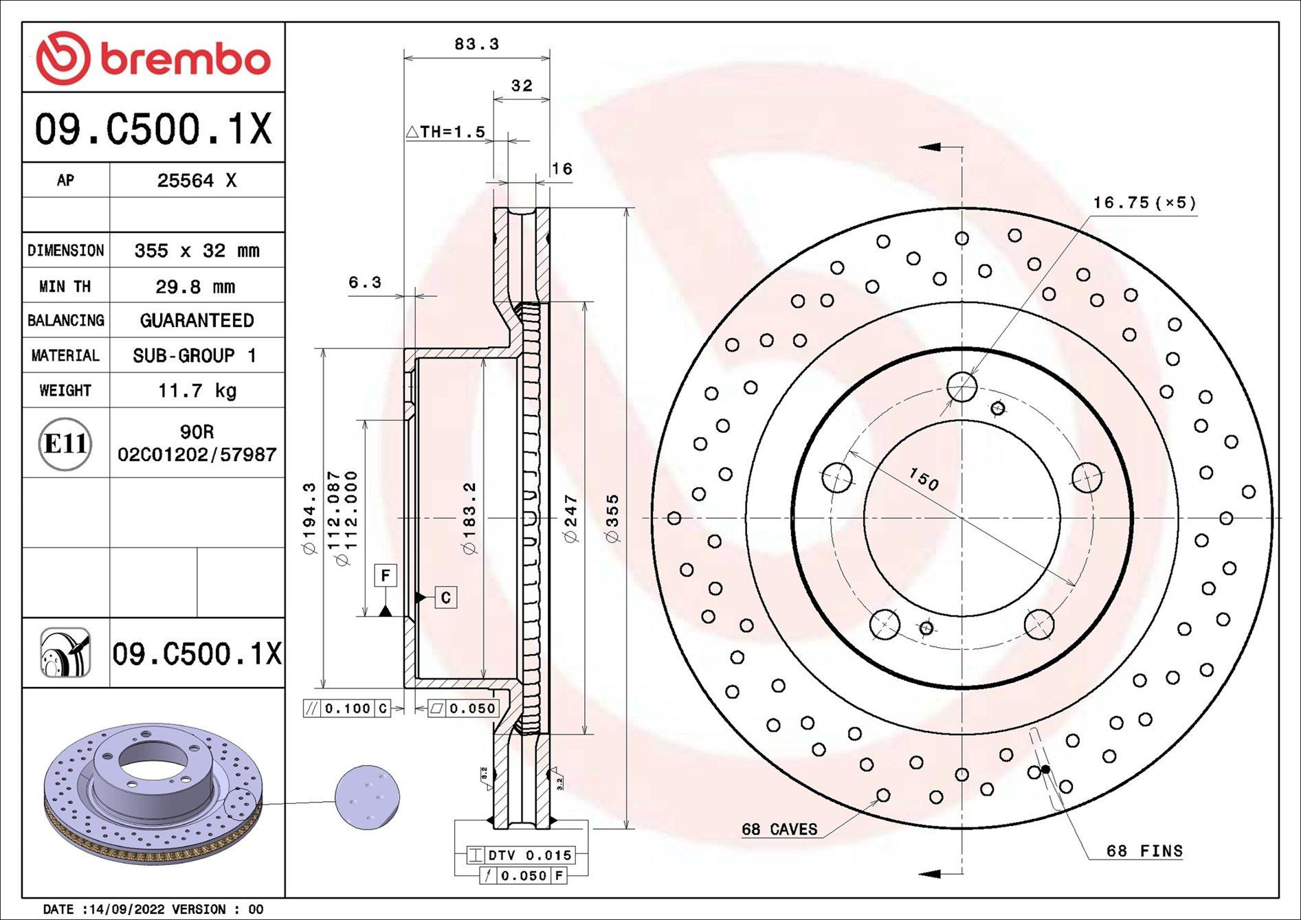 Disco do freio dianteiro 09C5001X Brembo