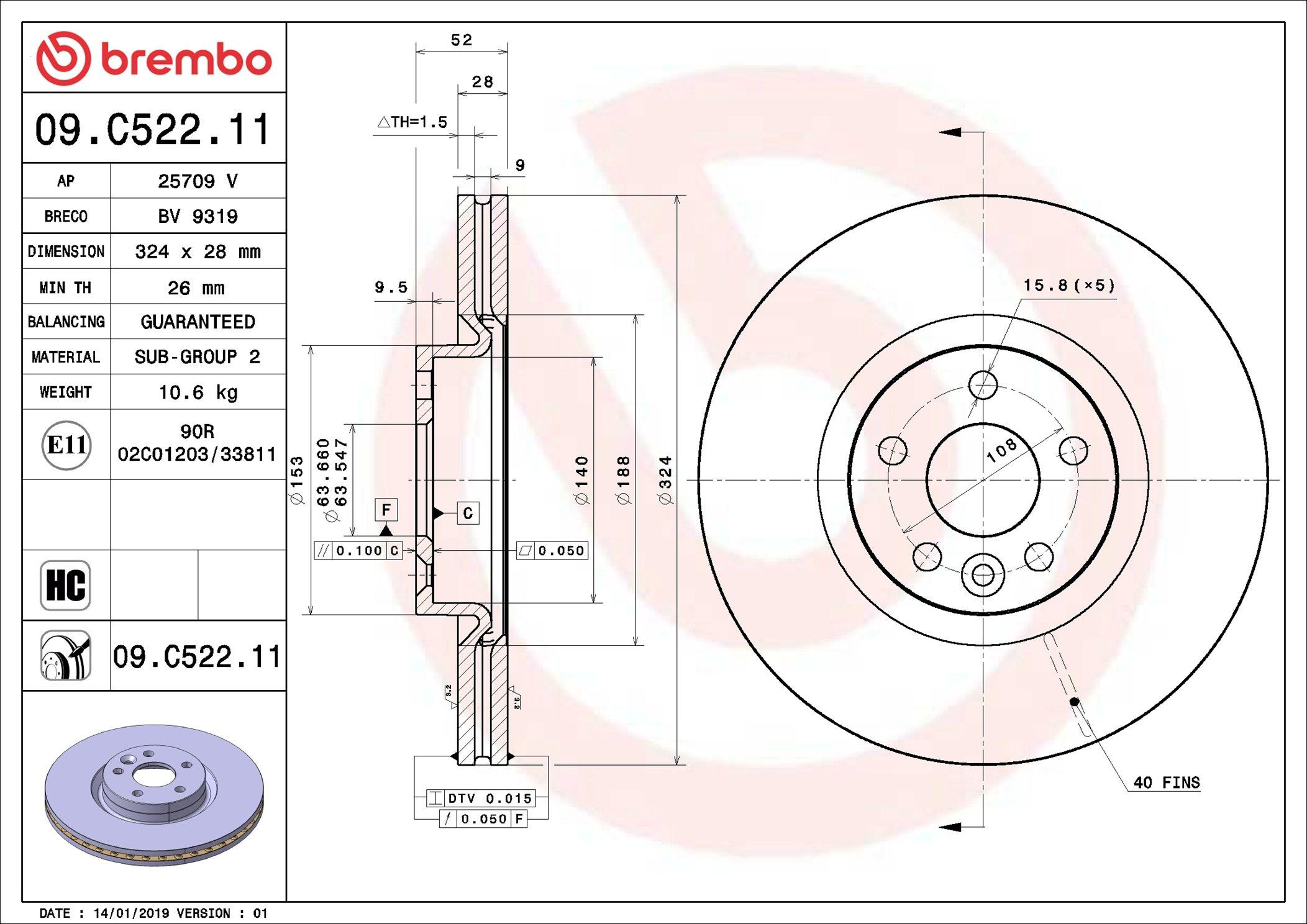 Disco do freio dianteiro Brembo 09C52211 preço, a partir de 101,75 USD