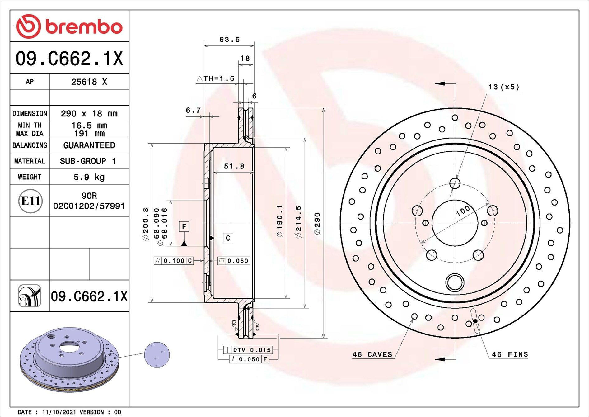 09C6621X Brembo Disco do freio traseiro