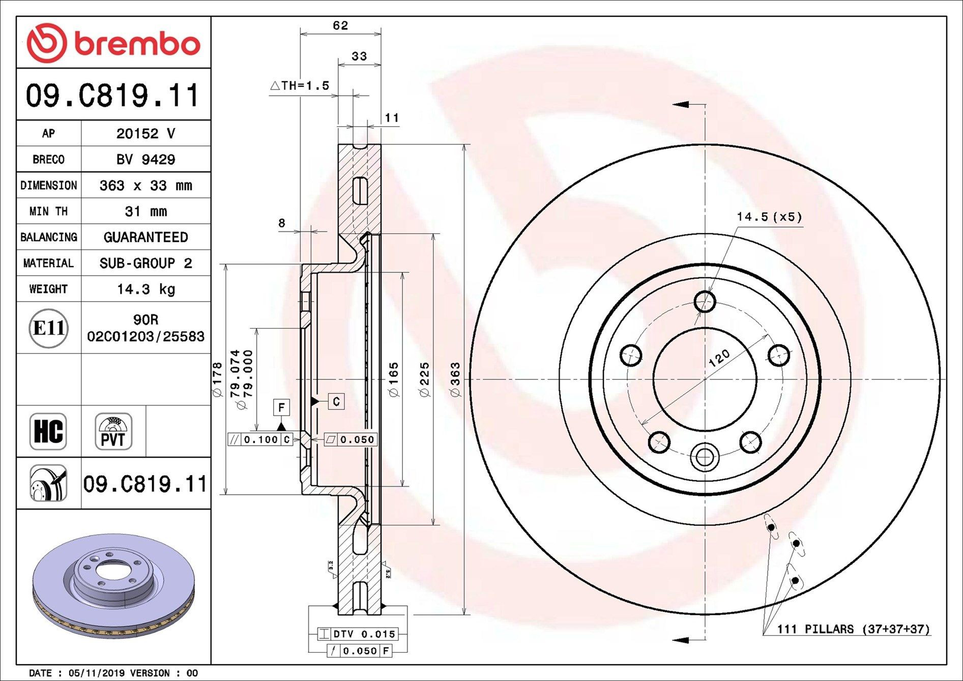 Disco do freio dianteiro Brembo 09C81911 preço, a partir de 136,19 USD