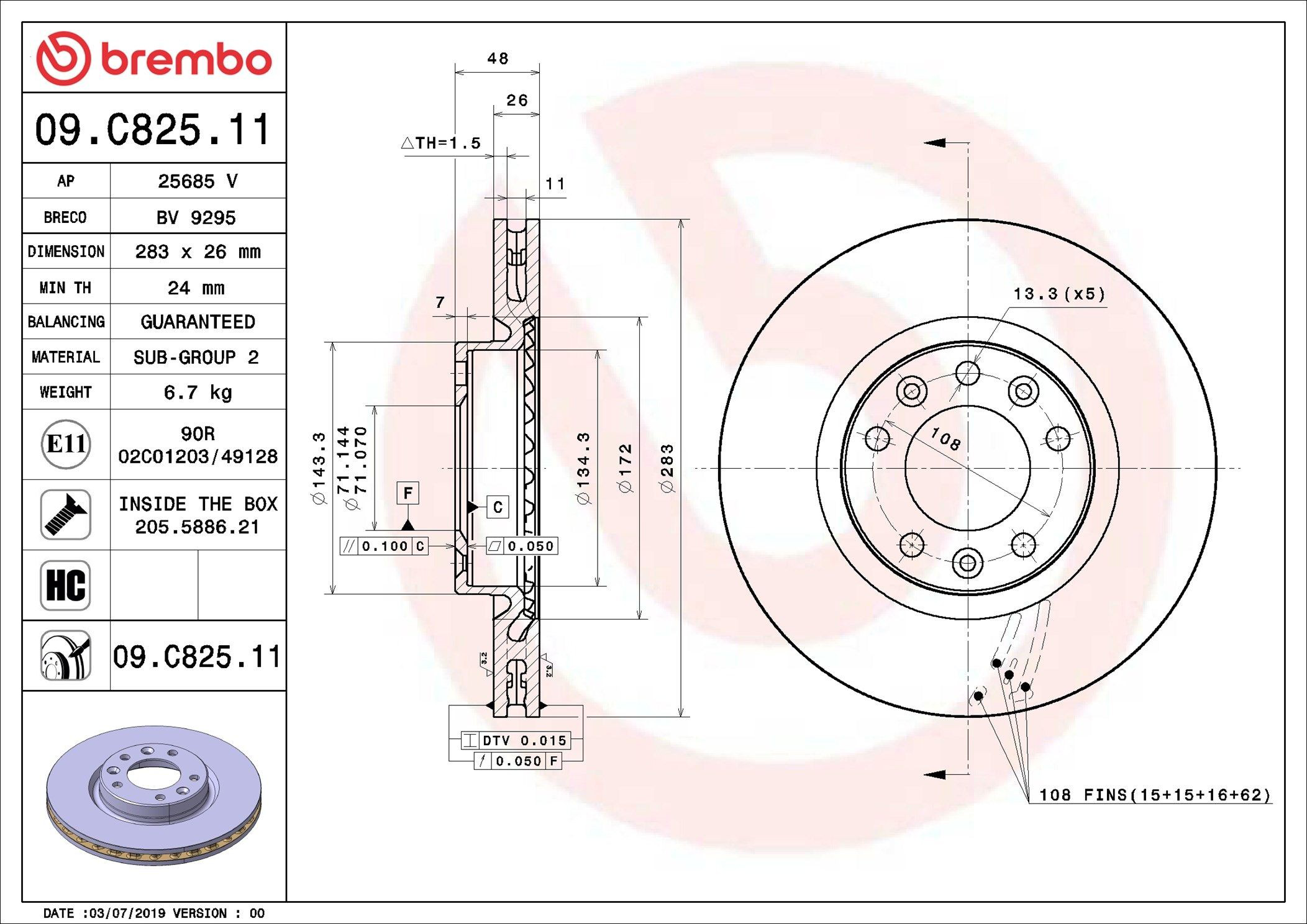 Disco do freio dianteiro 09C82511 Brembo