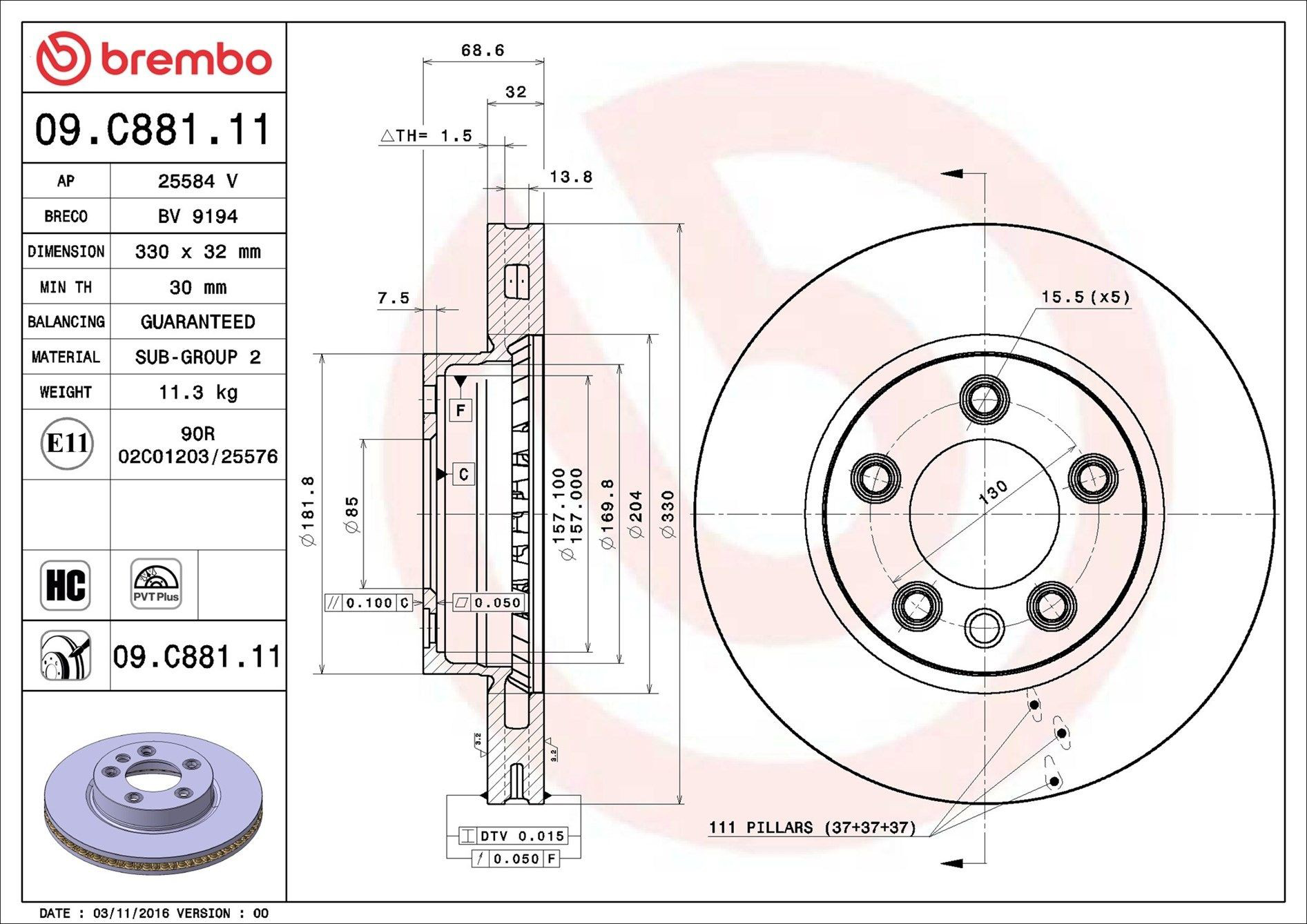 Disco do freio dianteiro Brembo 09C88111 preço, a partir de 89,04 USD