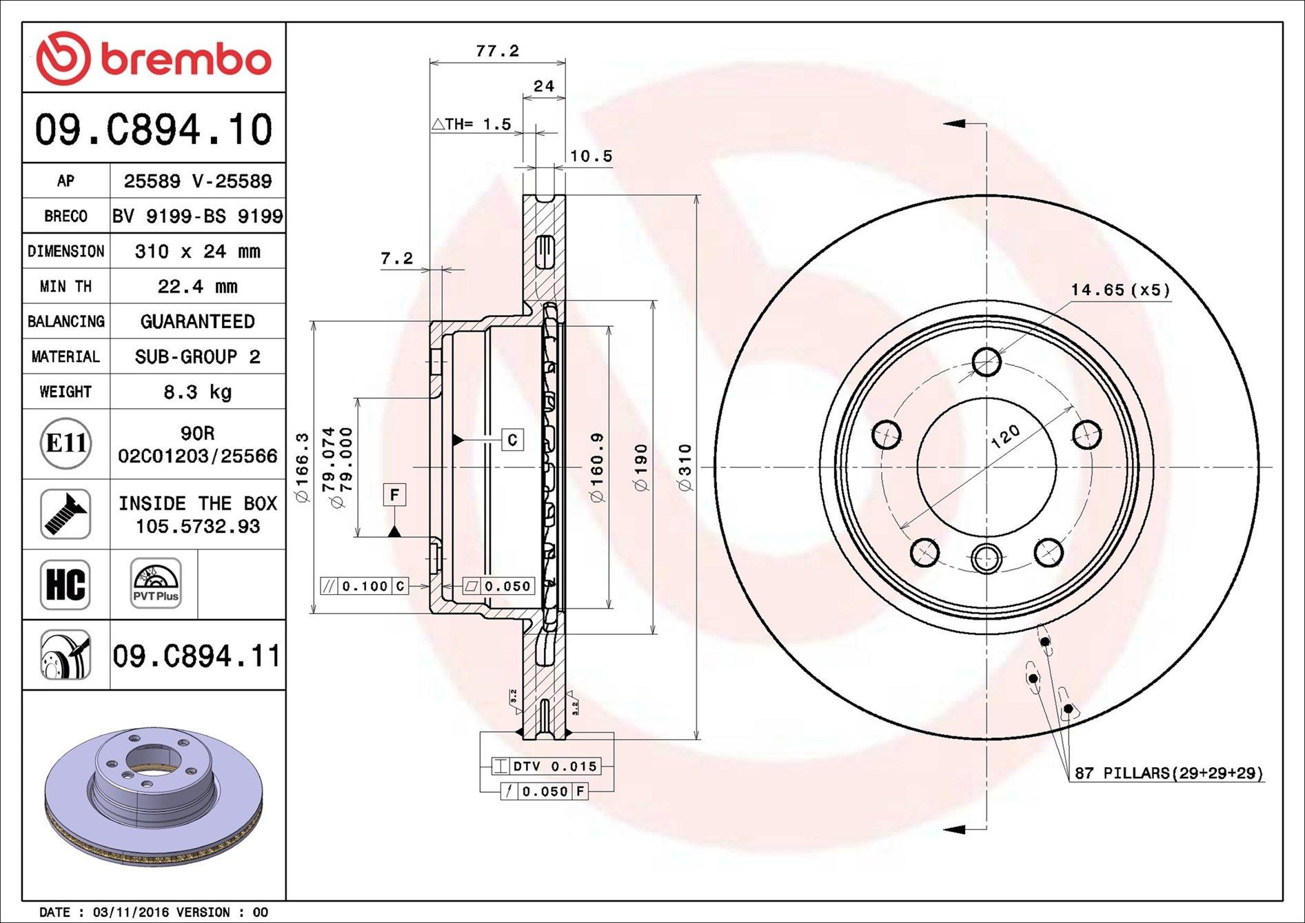 09C89411 Brembo Disco do freio dianteiro