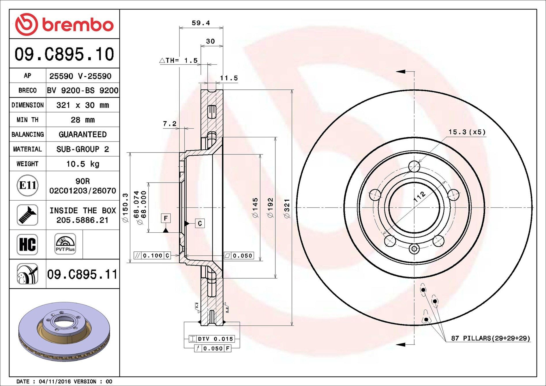 Disco do freio dianteiro Brembo 09C89511 preço, a partir de 64,52 USD