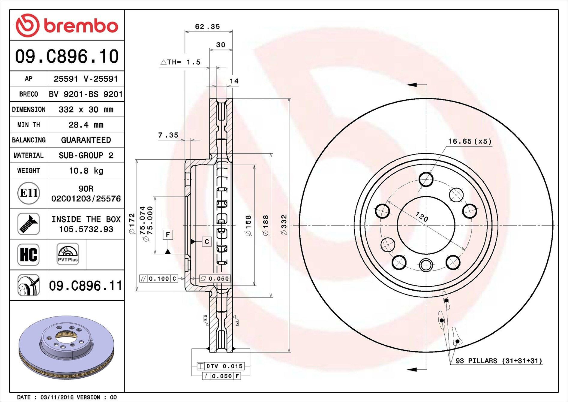 09C89611 Brembo Disco do freio dianteiro