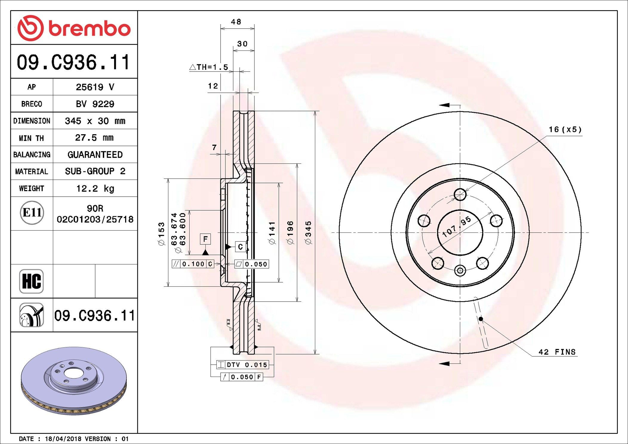 09C93611 Brembo Disco do freio dianteiro
