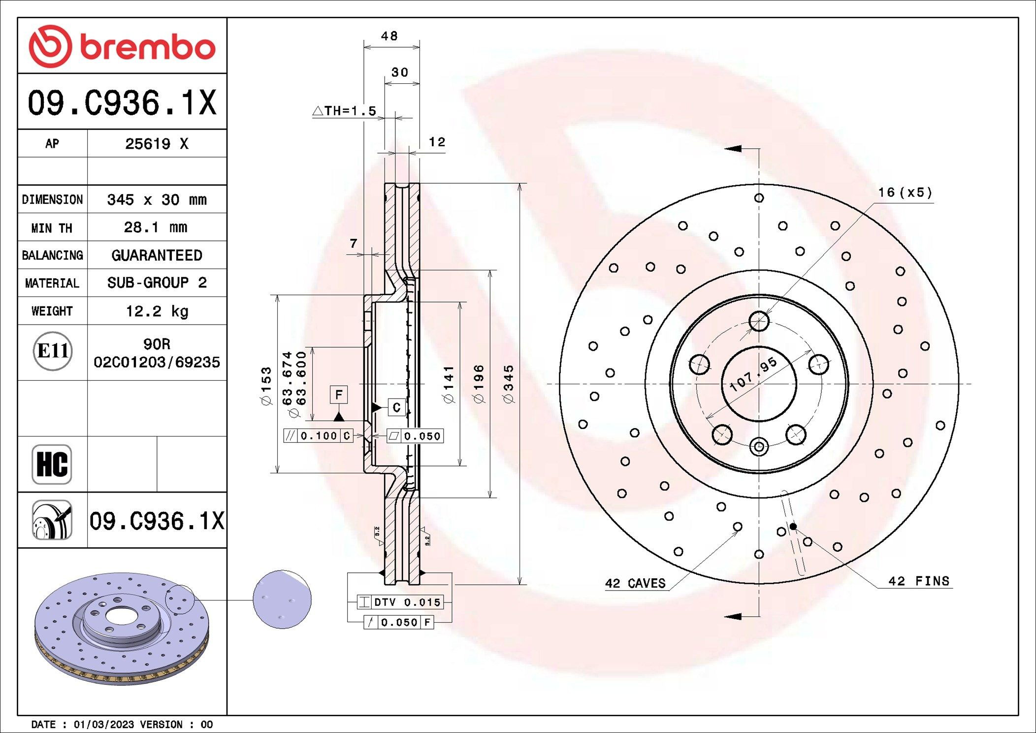 Disco do freio dianteiro Brembo 09C9361X preço, a partir de 84,52 USD