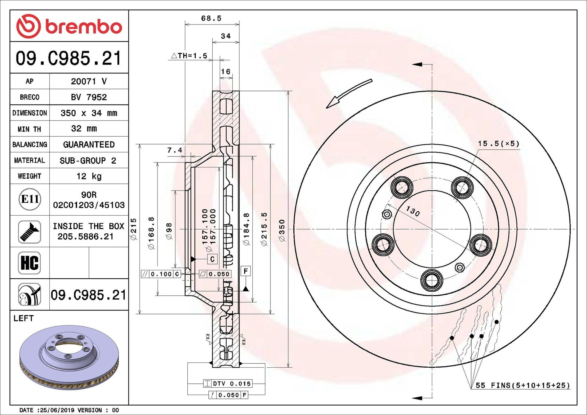 Disco do freio dianteiro Brembo 09C98521 preço, a partir de 164,28 USD
