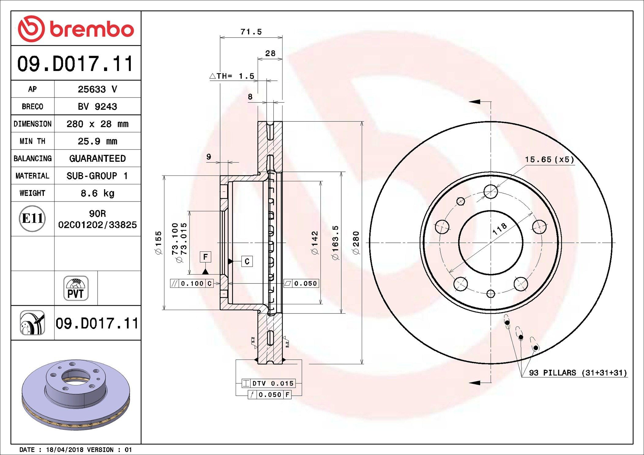 Disco do freio dianteiro Brembo 09D01711 preço, a partir de 54,77 USD