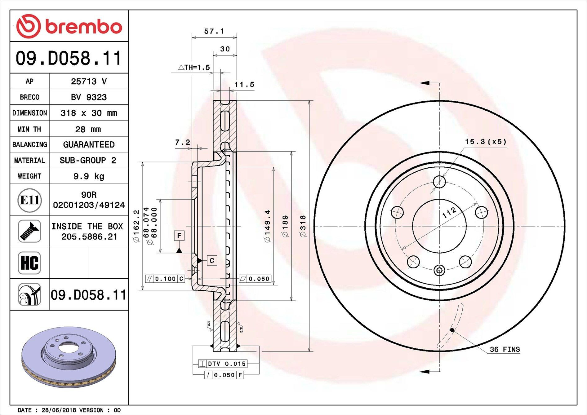 Disco do freio dianteiro Brembo 09D05811 preço, a partir de 93,30 USD