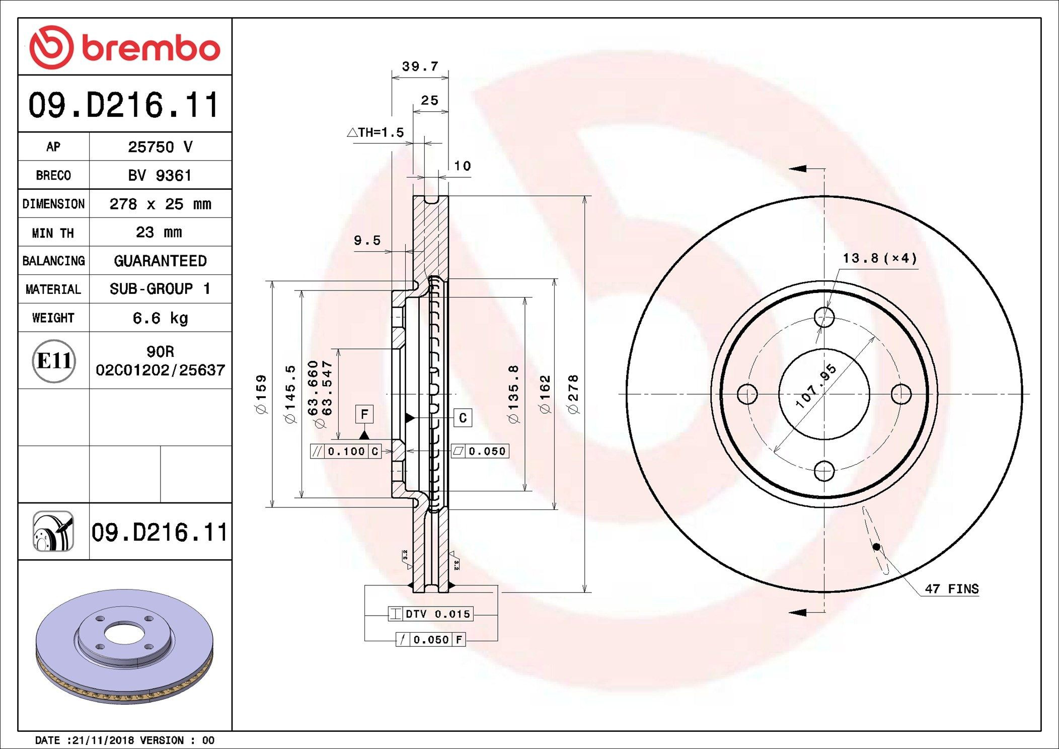 Disco do freio dianteiro Brembo 09D21611 preço, a partir de 55,72 USD