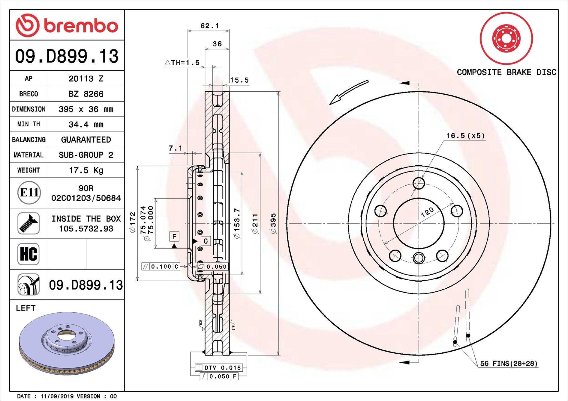 Disco do freio dianteiro Brembo 09D89913 preço, a partir de 291,66 USD
