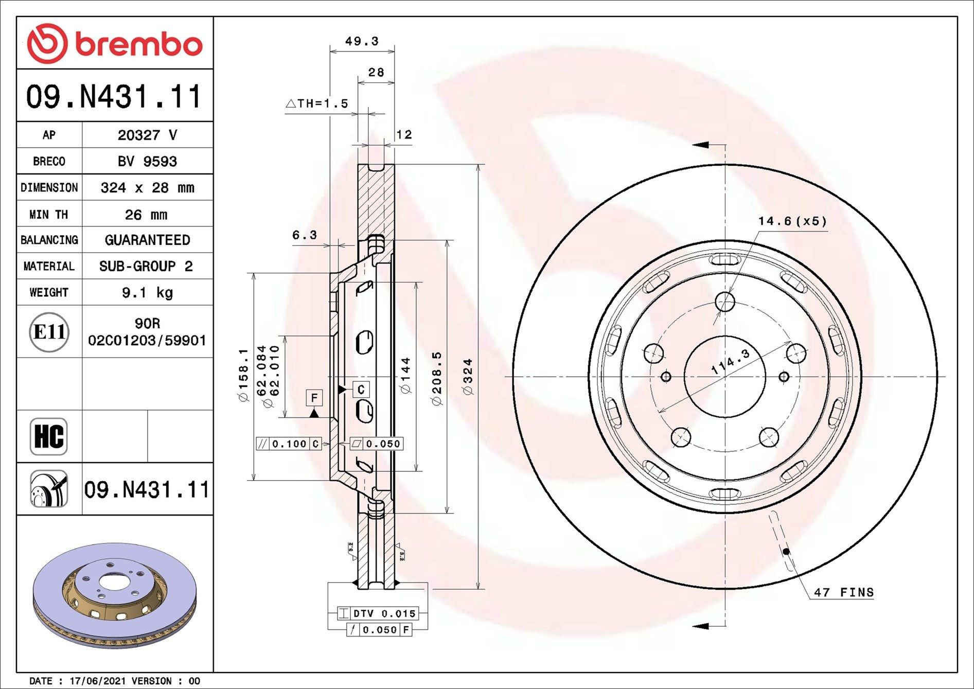 Disco do freio dianteiro Brembo 09N43111 preço, a partir de 110,70 USD