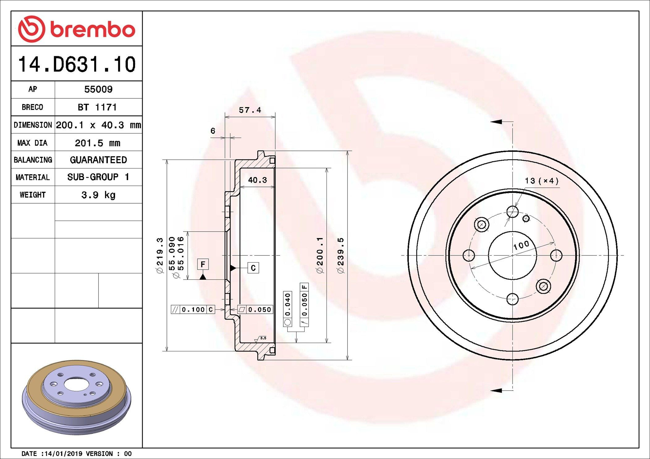 14D63110 Brembo Tambor do freio traseiro