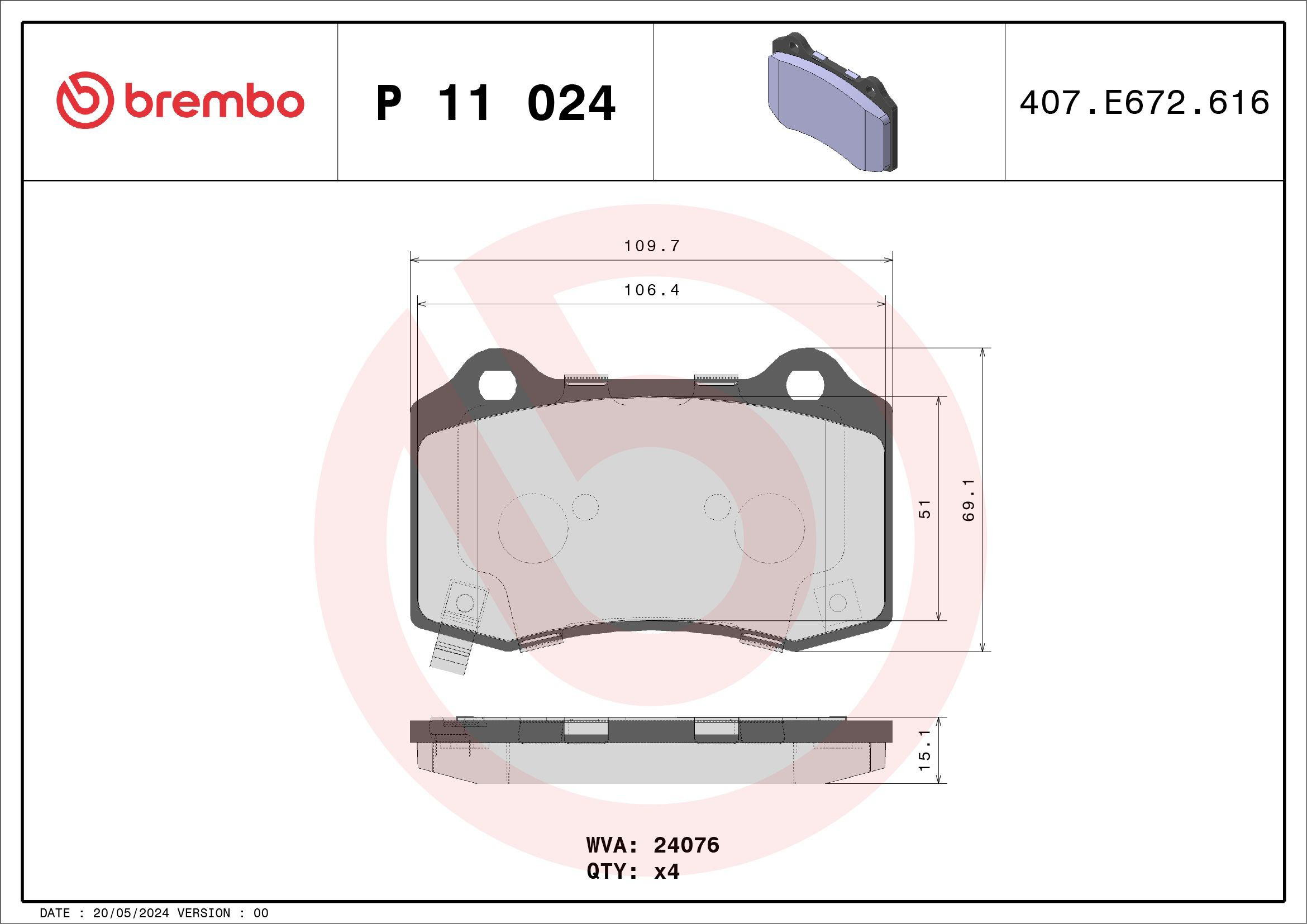 P11024 Brembo Sapatas do freio traseiras de disco