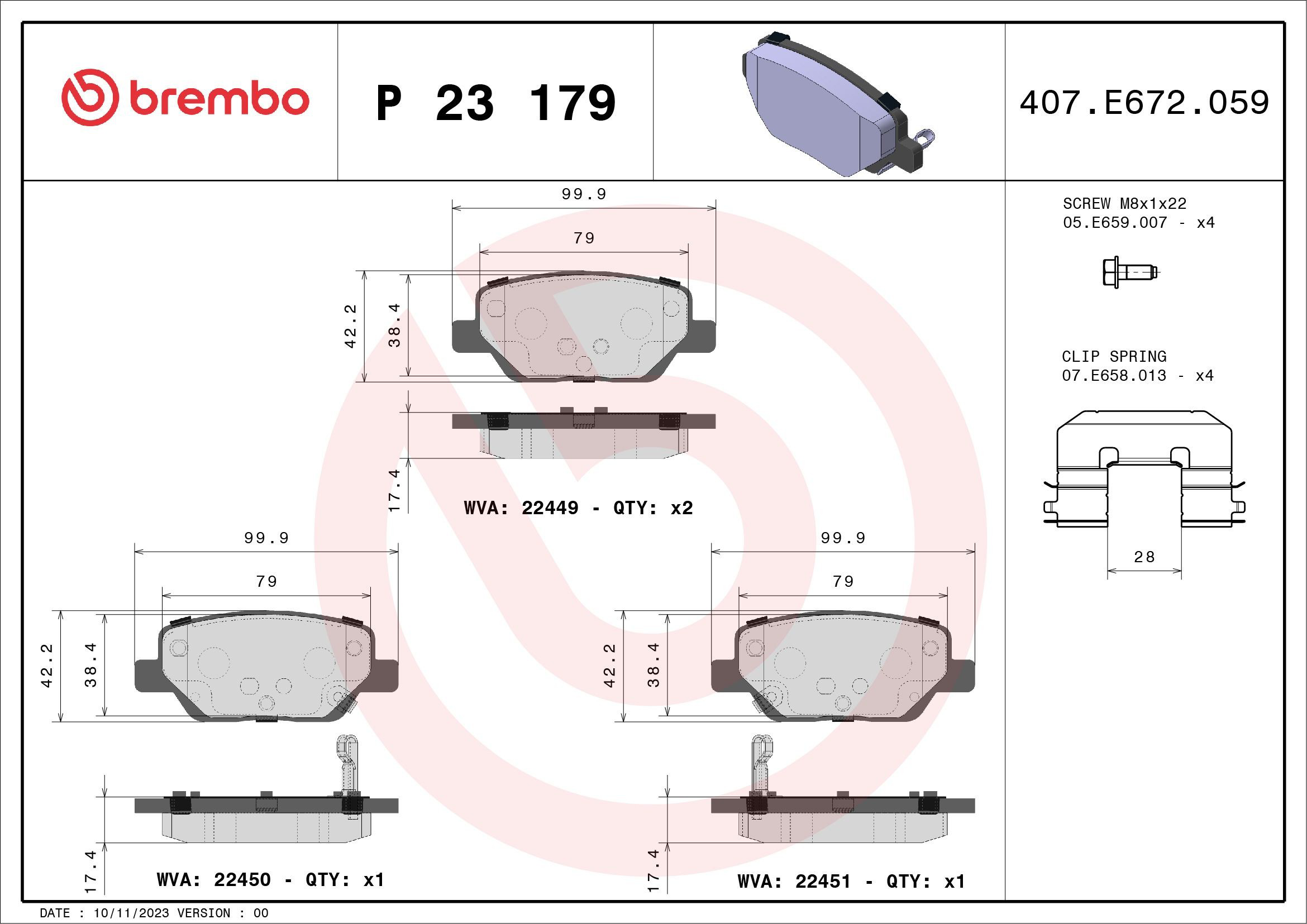 Compre P23179 Brembo Sapatas do freio traseiras de disco