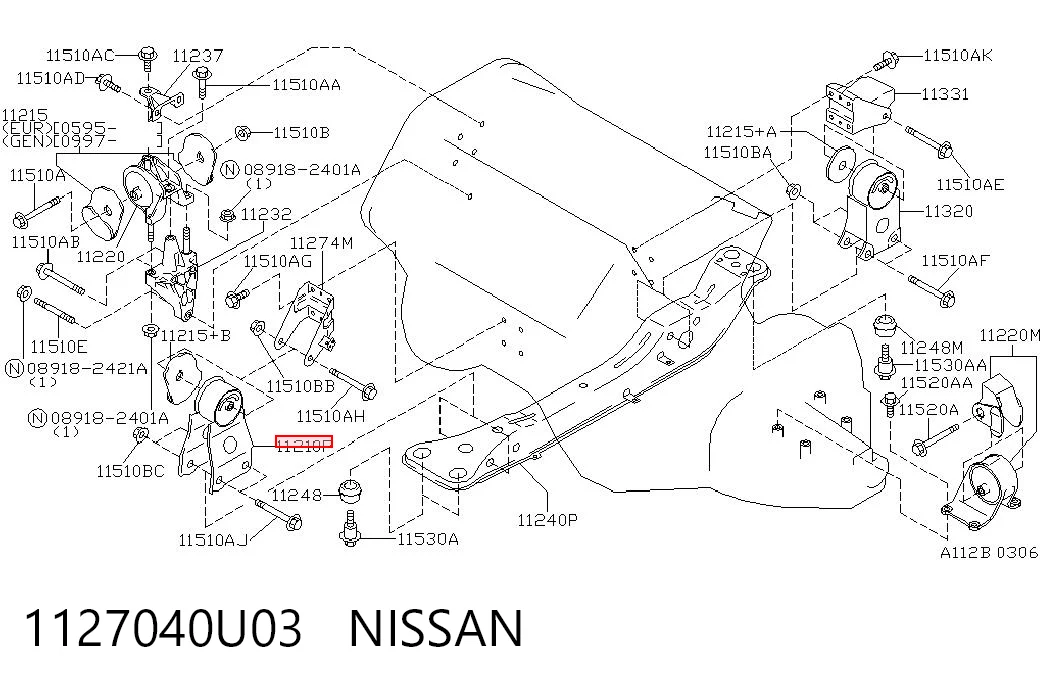 1127040U03 Nissan/Infiniti Coxim (suporte) dianteiro de motor