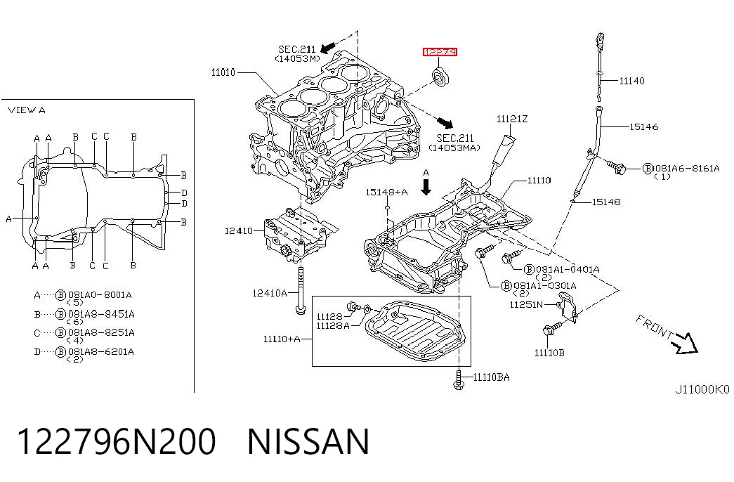 122796N200 Nissan/Infiniti Vedação traseira de cambota de motor