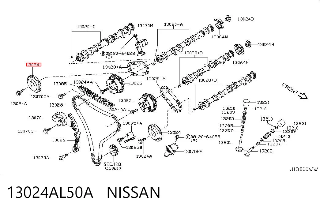13024AL50A Nissan/Infiniti Engrenagem de cadeia de roda dentada da árvore distribuidora de escape de motor