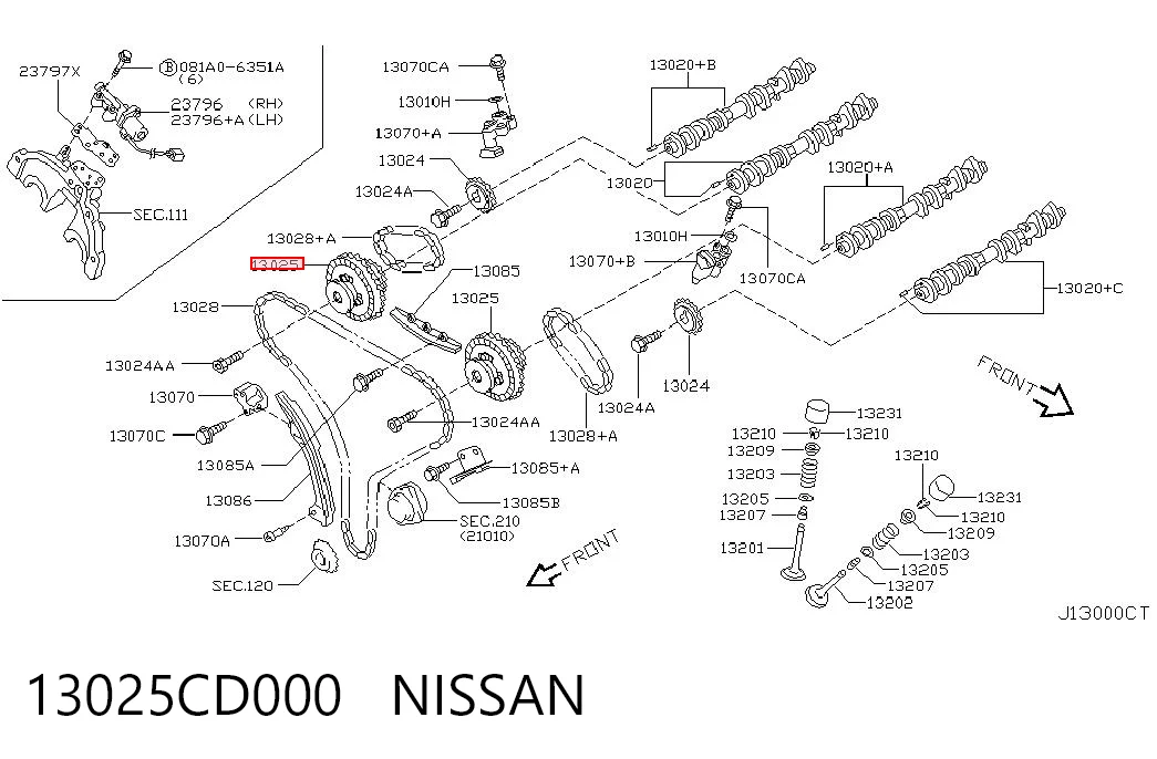 13025CD000 Nissan/Infiniti Engrenagem de cadeia de roda dentada da árvore distribuidora de admissão de motor