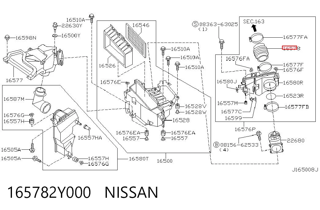 165782Y000 Nissan/Infiniti Cano derivado de ar, saída de filtro de ar