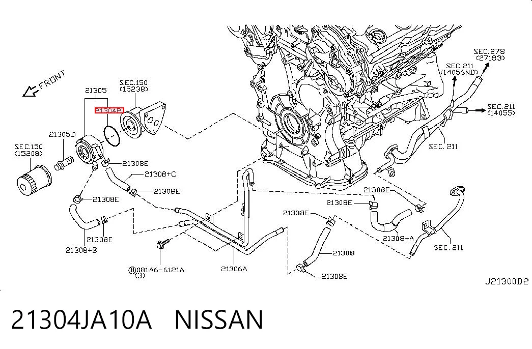 21304JA10A Nissan/Infiniti Vedante de adaptador de refrigerador de óleo