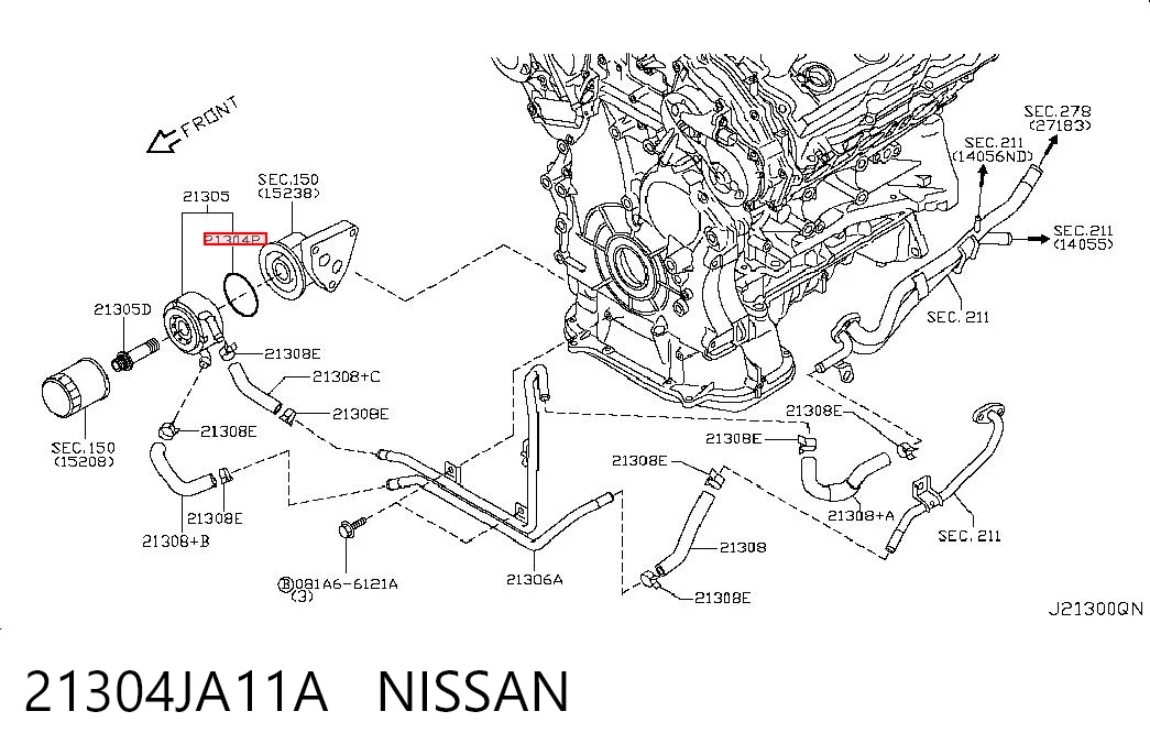 21304JA11A Nissan/Infiniti Vedante de adaptador de refrigerador de óleo