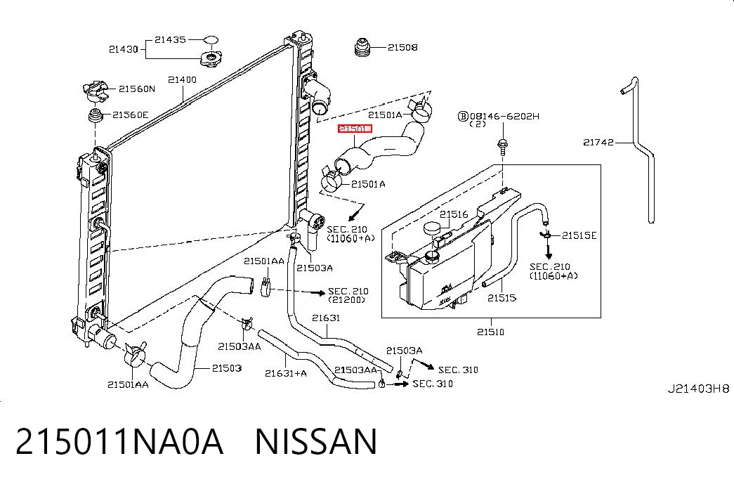 215011NA0A Nissan/Infiniti Mangueira (cano derivado) do radiador de esfriamento superior