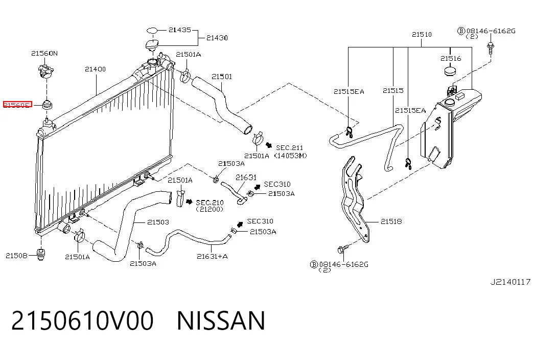 2150610V00 Nissan/Infiniti Coxim superior de fixação do radiador