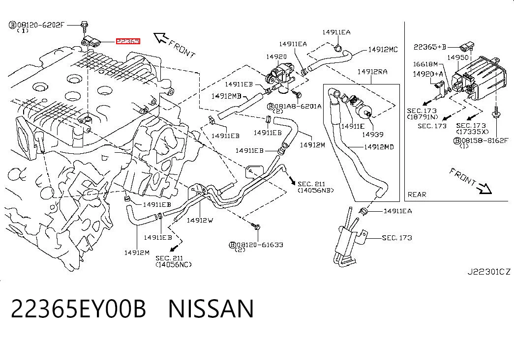22365EY00B Nissan/Infiniti Sensor de pressão do sistema de recuperação dos vapores