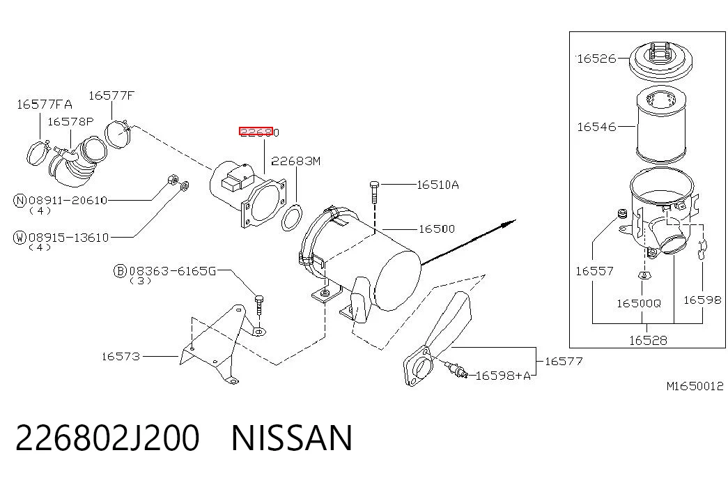 226802J200 Nissan/Infiniti Sensor de fluxo (consumo) de ar, medidor de consumo M.A.F. - (Mass Airflow)